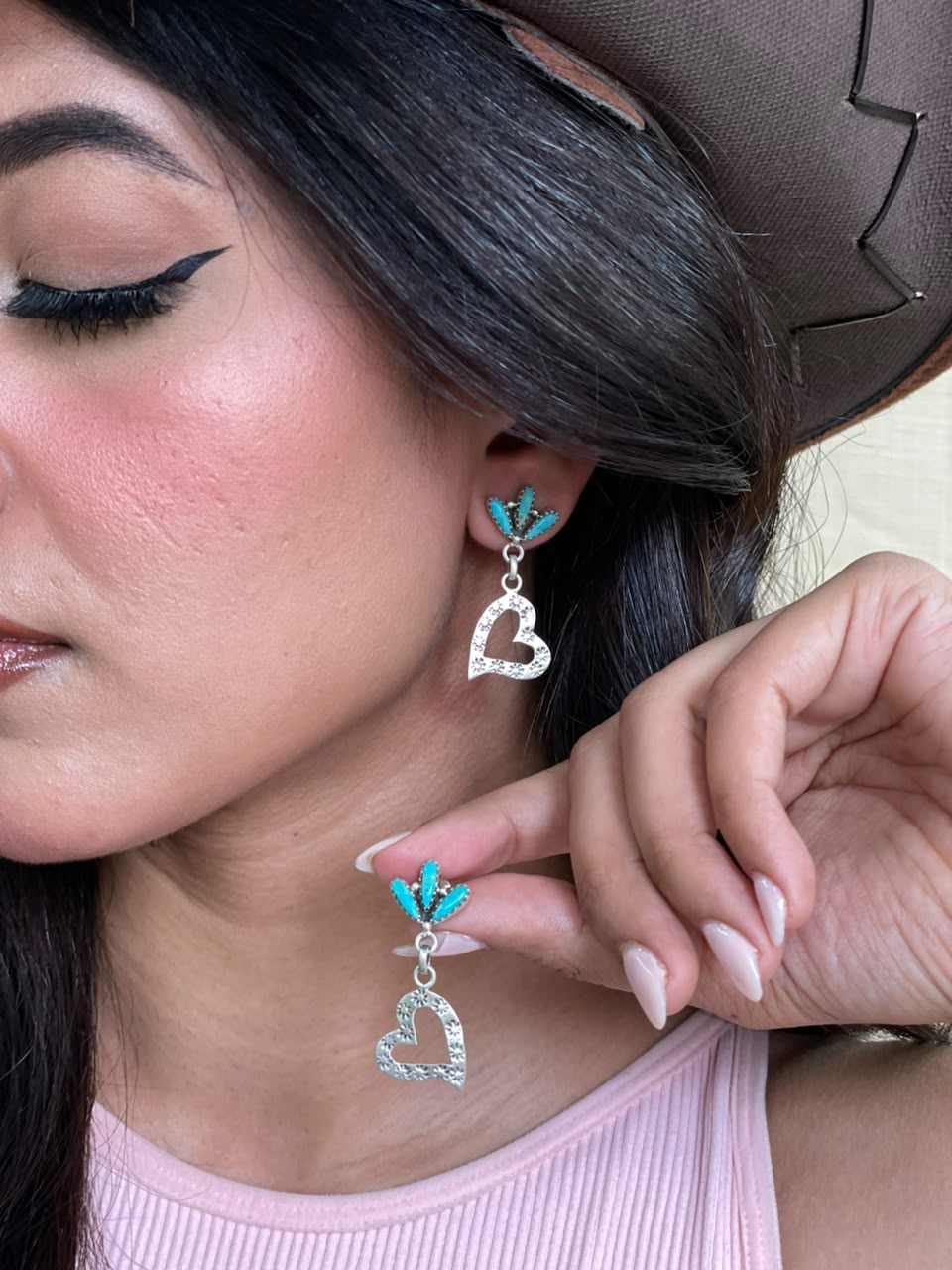 Handmade Sterling Silver Kingman Turquoise Post Dangle Heart Earrings Signed Nizhoni
