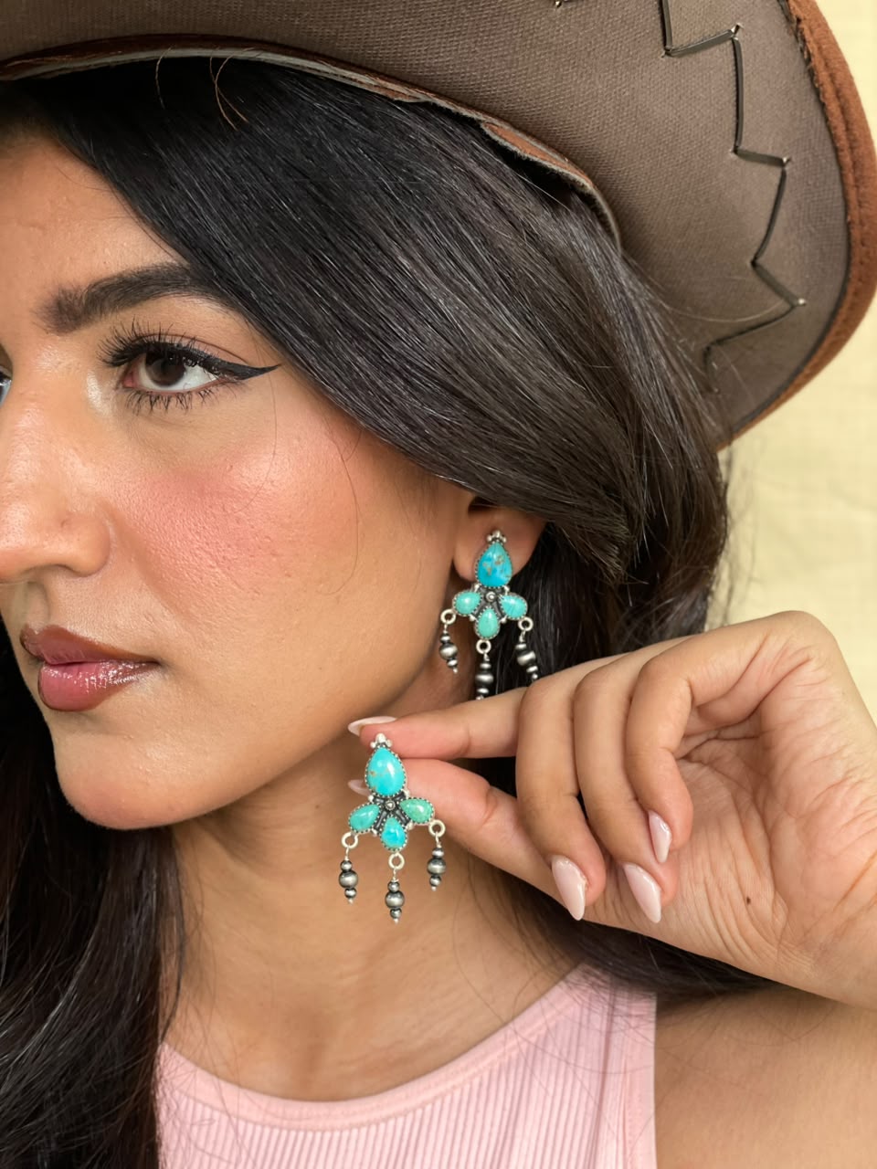 Handmade Sterling Silver Santa Maria Turquoise Post Dangle Beaded Earrings Signed Nizhoni