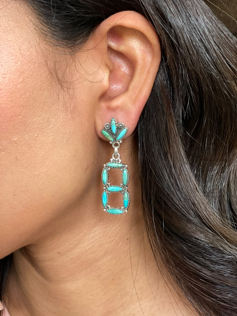 Handmade Sterling Silver Kingman Turquoise Post Dangle Earrings Signed Nizhoni