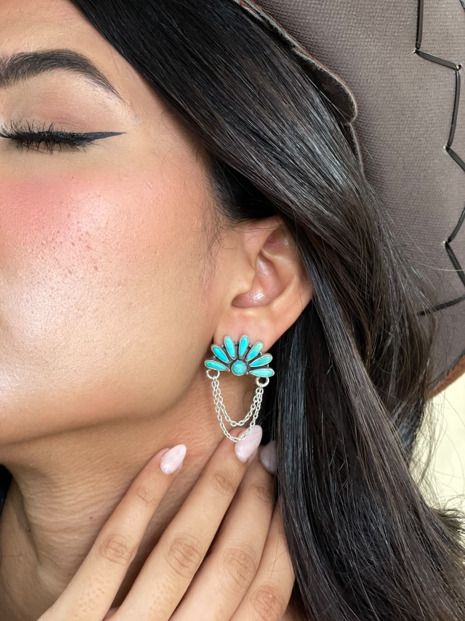 Handmade Sterling Silver Kingman Turquoise Post Dangle Earrings Signed Nizhoni
