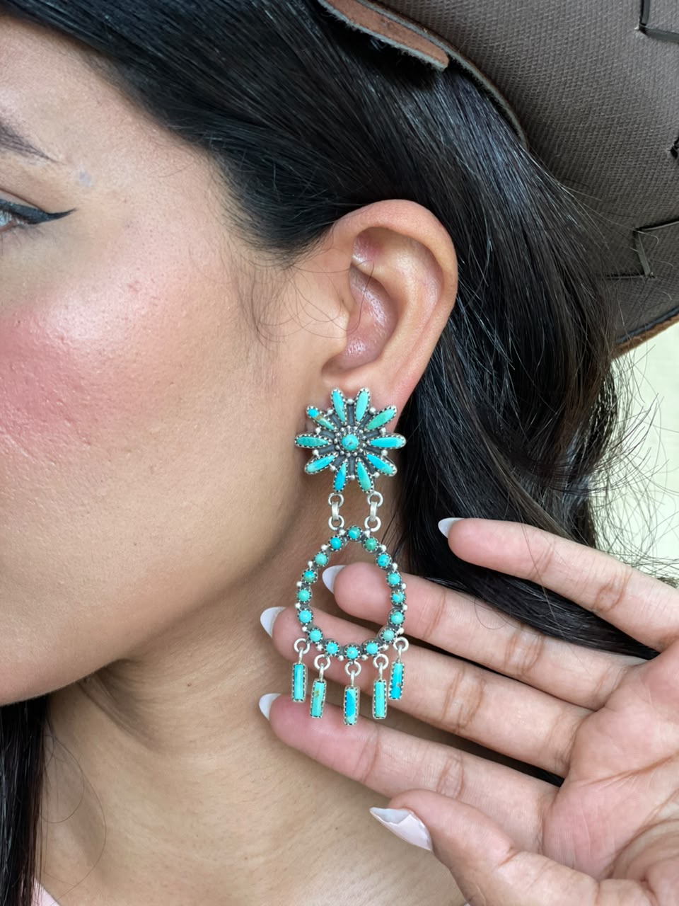 Handmade Sterling Silver Kingman Turquoise Post Dangle Earrings Signed Nizhoni