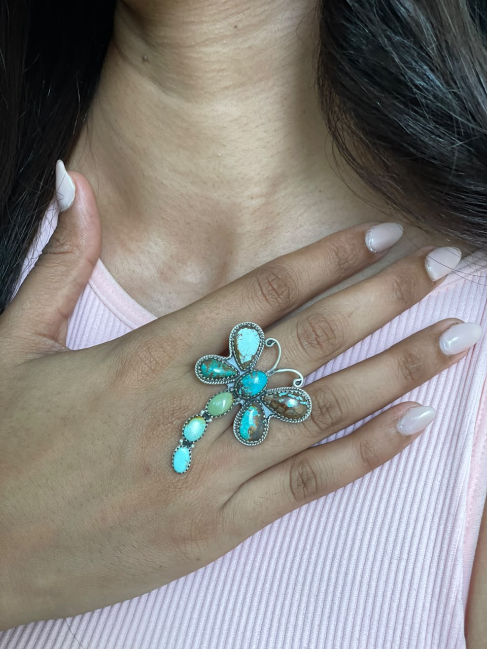 Handmade Sterling Silver Royston Turquoise Butterfly Adjustable Ring Signed Nizhoni