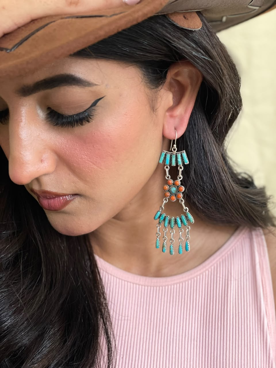Handmade Sterling Silver Kingman Turquoise with Orange Mojave Hook Dangle Earrings Signed Nizhoni