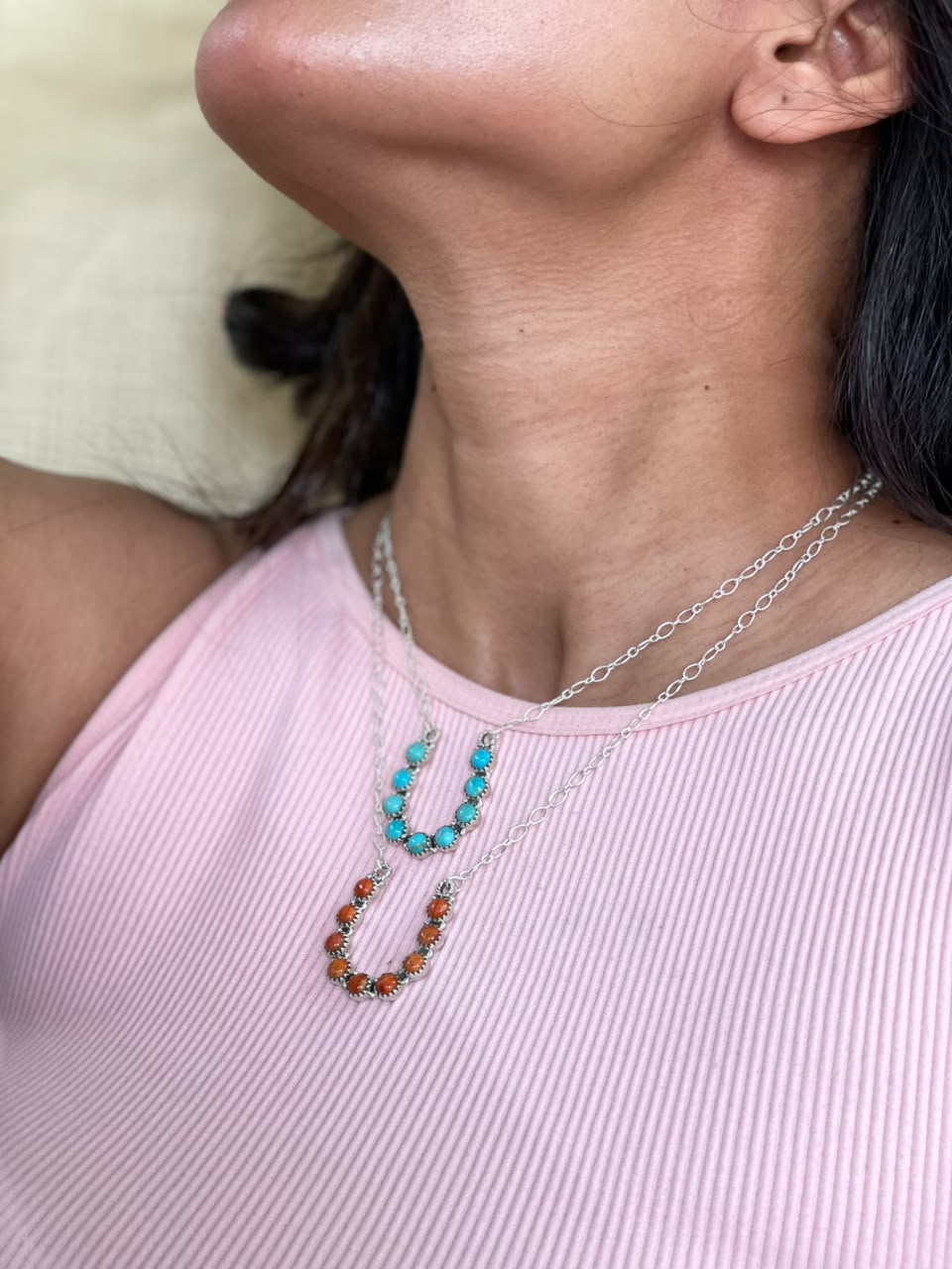 Handmade Sterling Silver Kingman Turquoise with Orange Mojave Necklace Signed Nizhoni