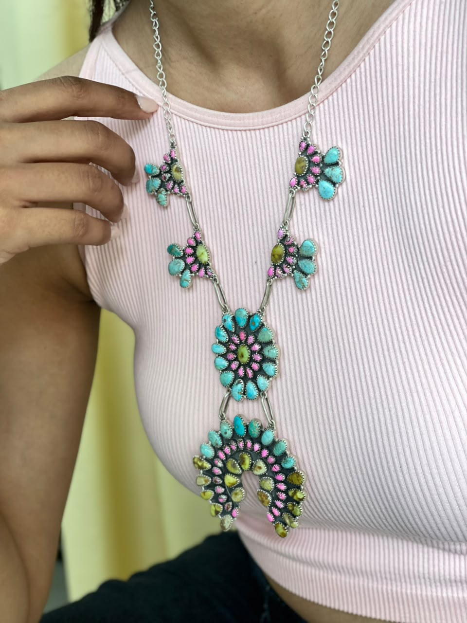 Handmade Sterling Silver Cotton Candy with Palomino and Sierra Bella Turquoise Necklace Signed Nizhoni