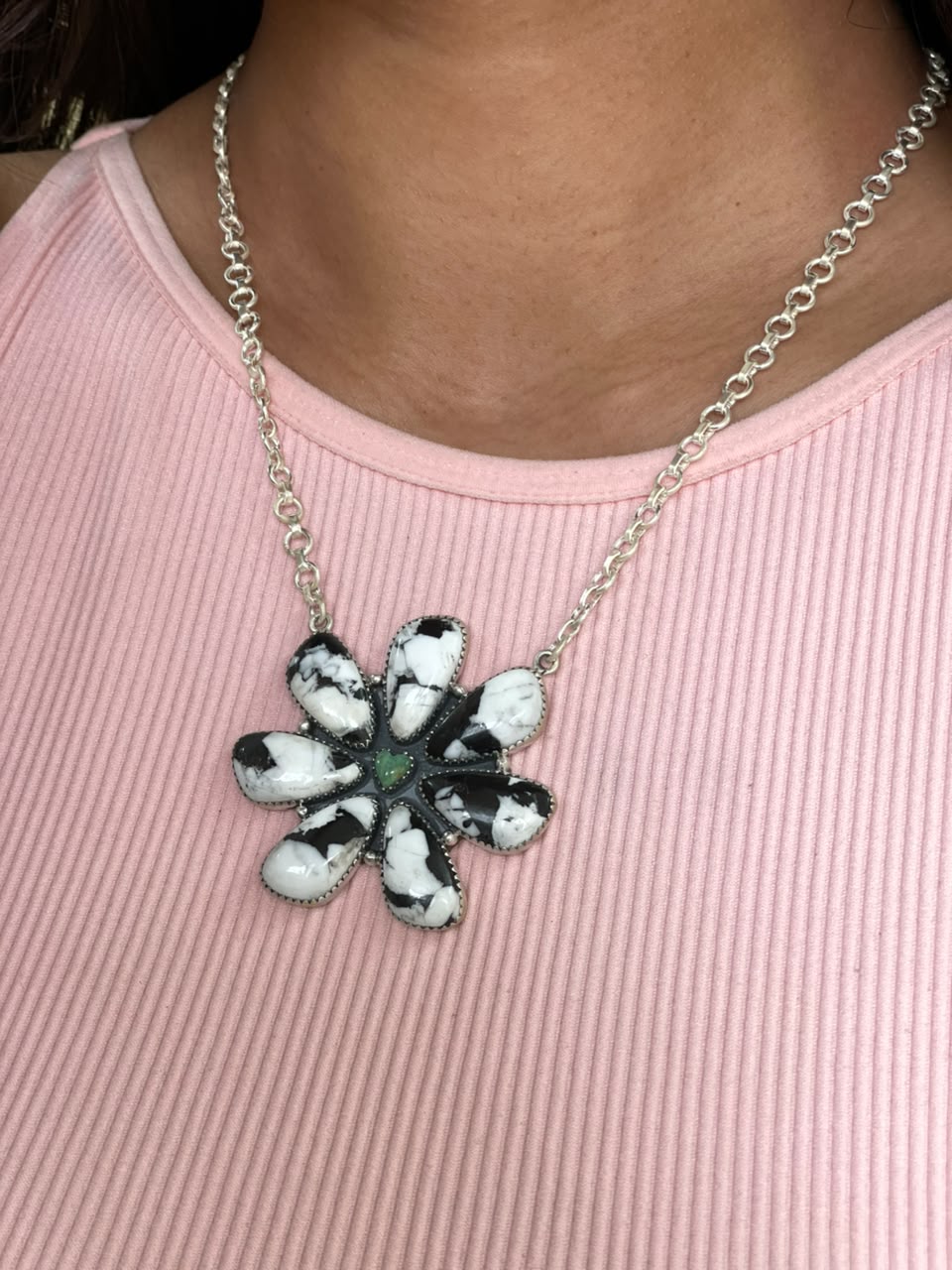 Handmade Sterling Silver Kingman Turquoise with White Buffalo Necklace Signed Nizhoni