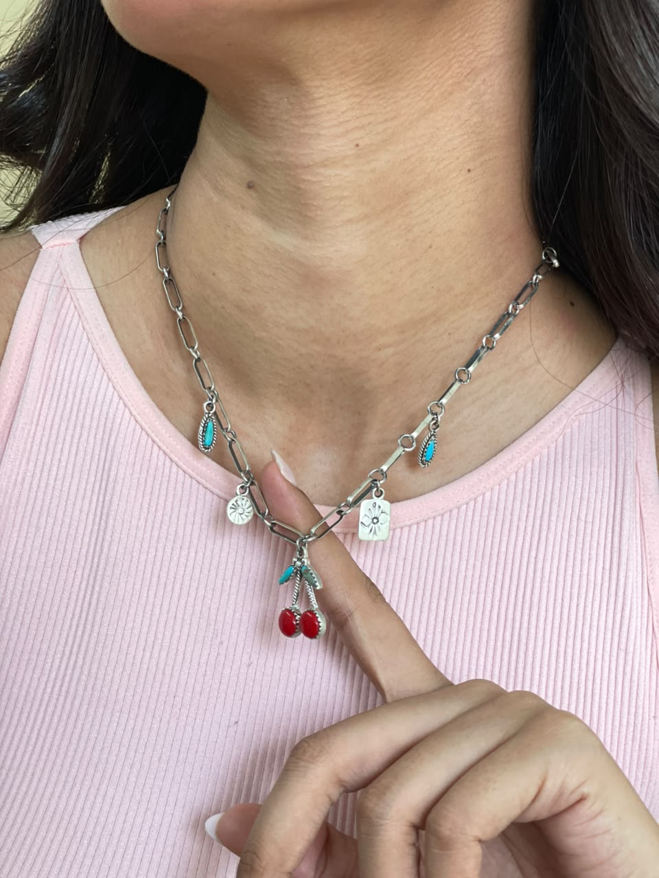 Handmade Sterling Silver Kingman Turquoise with Rosarita Cherry Necklace Signed Nizhoni