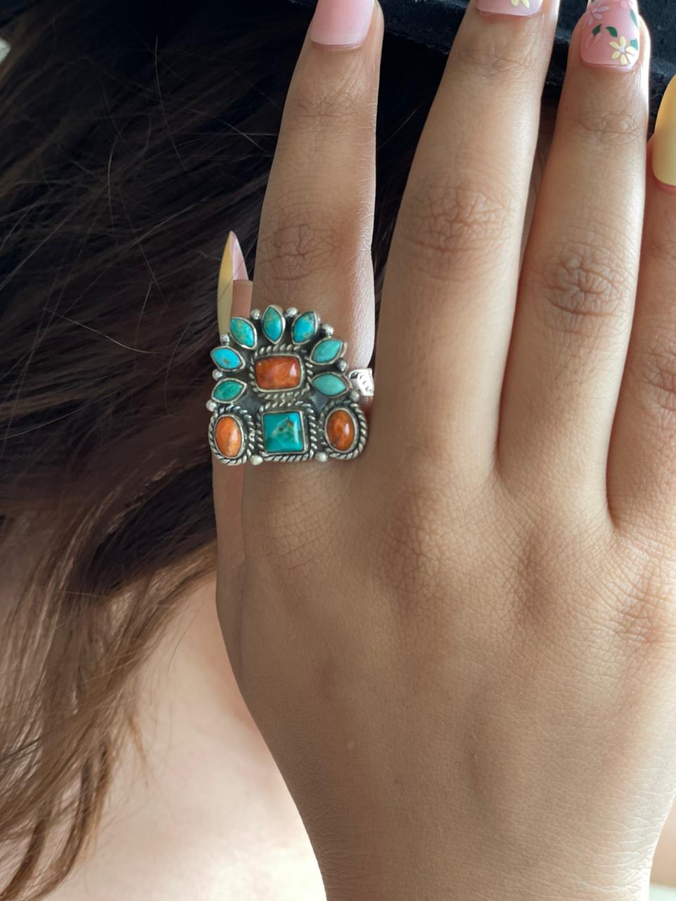 Handmade Sterling Silver Orange Mojave with Kingman Turquoise Adjustable Ring Signed Nizhoni