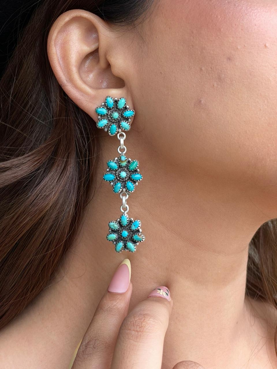 Handmade Sterling Silver Kingman Turquoise Post Dangle Earrings Signed Nizhoni