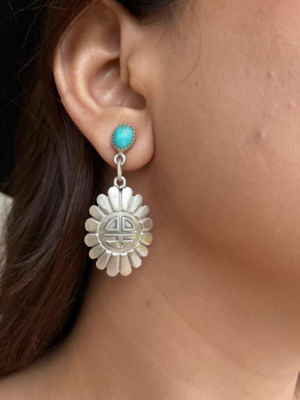 Handmade Sterling Silver Kingman Turquoise Post Dangle Earrings Signed Nizhoni