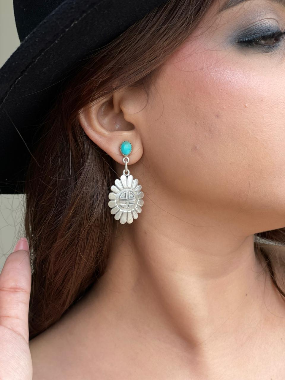 Handmade Sterling Silver Kingman Turquoise Post Dangle Earrings Signed Nizhoni