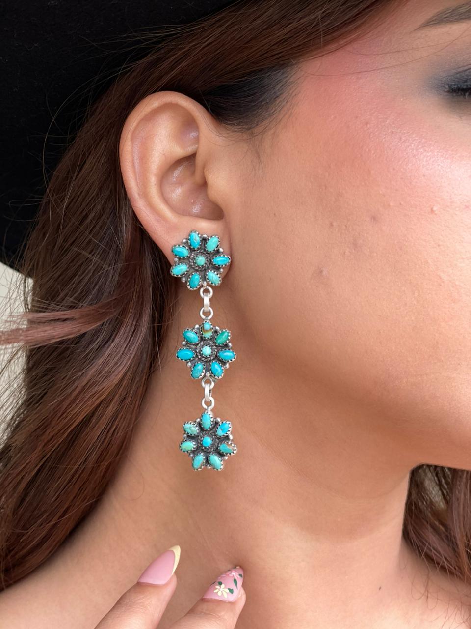 Handmade Sterling Silver Kingman Turquoise Post Dangle Earrings Signed Nizhoni