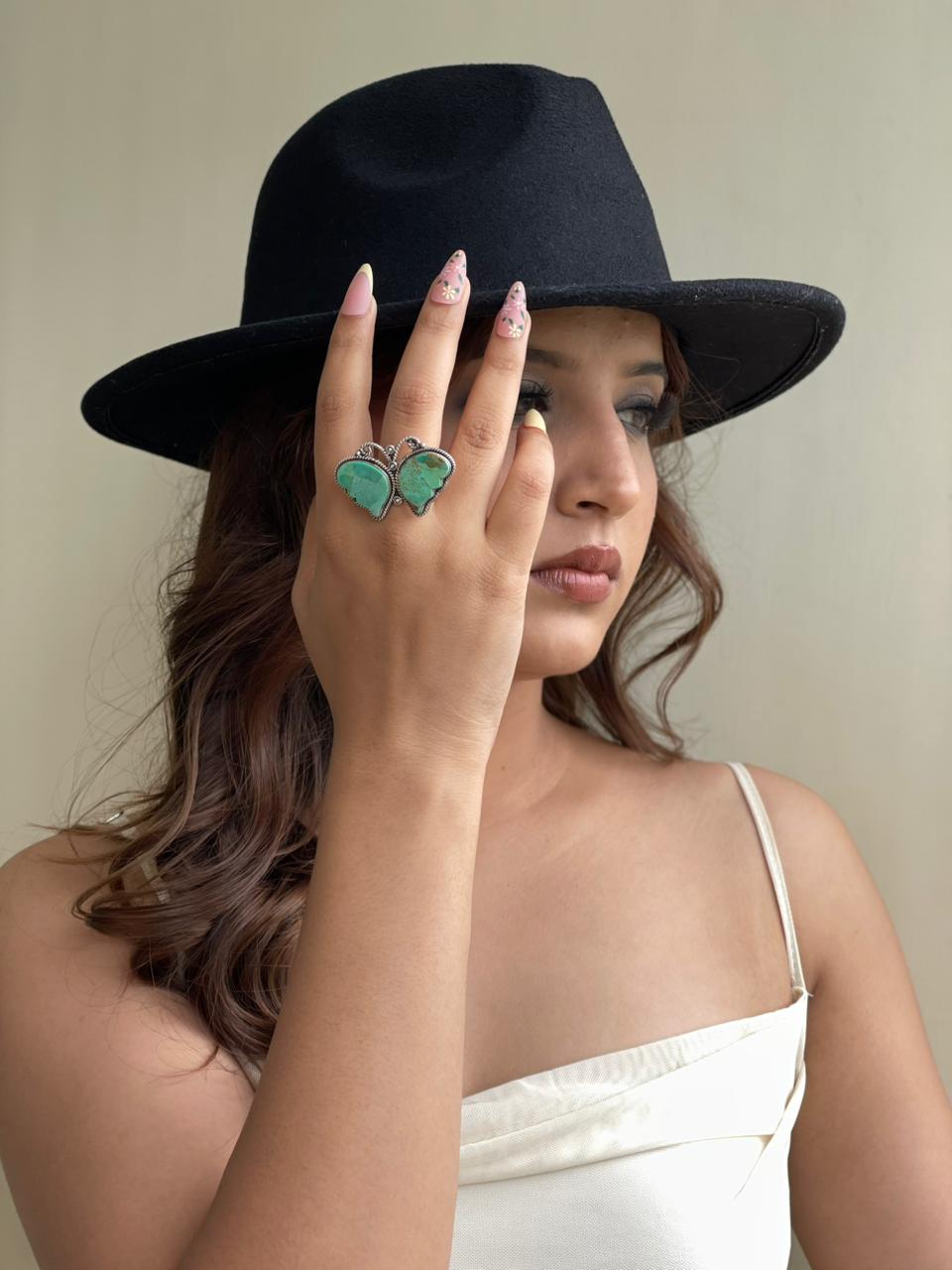 Handmade Sterling Silver Kingman Turquoise Butterfly Adjustable Ring Signed Nizhoni