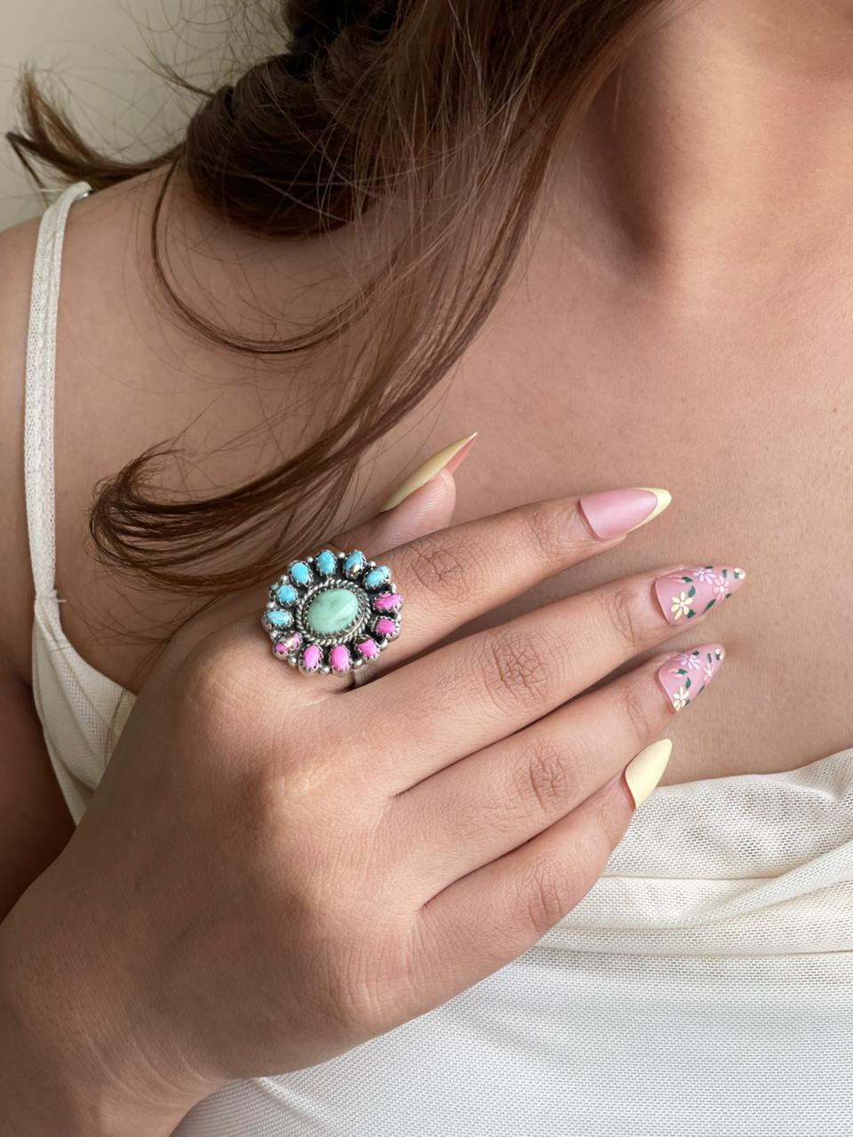Handmade Sterling Silver Paloma Turquoise with Cotton Candy Adjustable Ring Signed Nizhoni