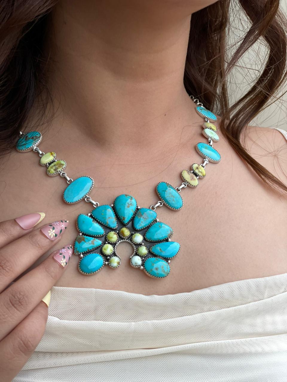 Handmade Sterling Silver Tyrone with Palomino Turquoise Naja Necklace Signed Nizhoni
