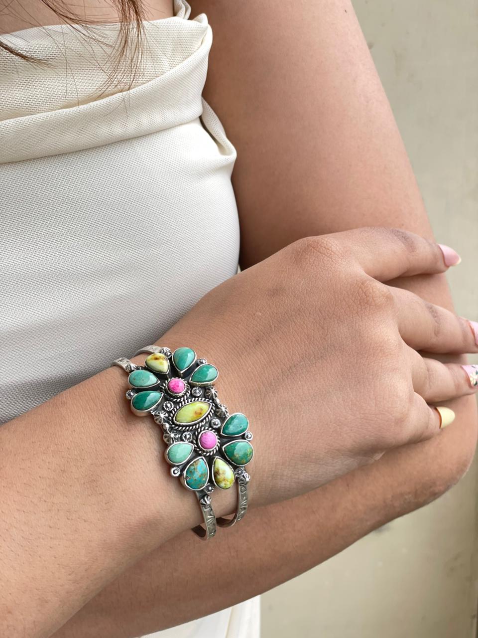 Handmade Sterling Silver Carico Lake with Cotton Candy and Palomino Turquoise Cuff Bracelet Signed Nizhoni