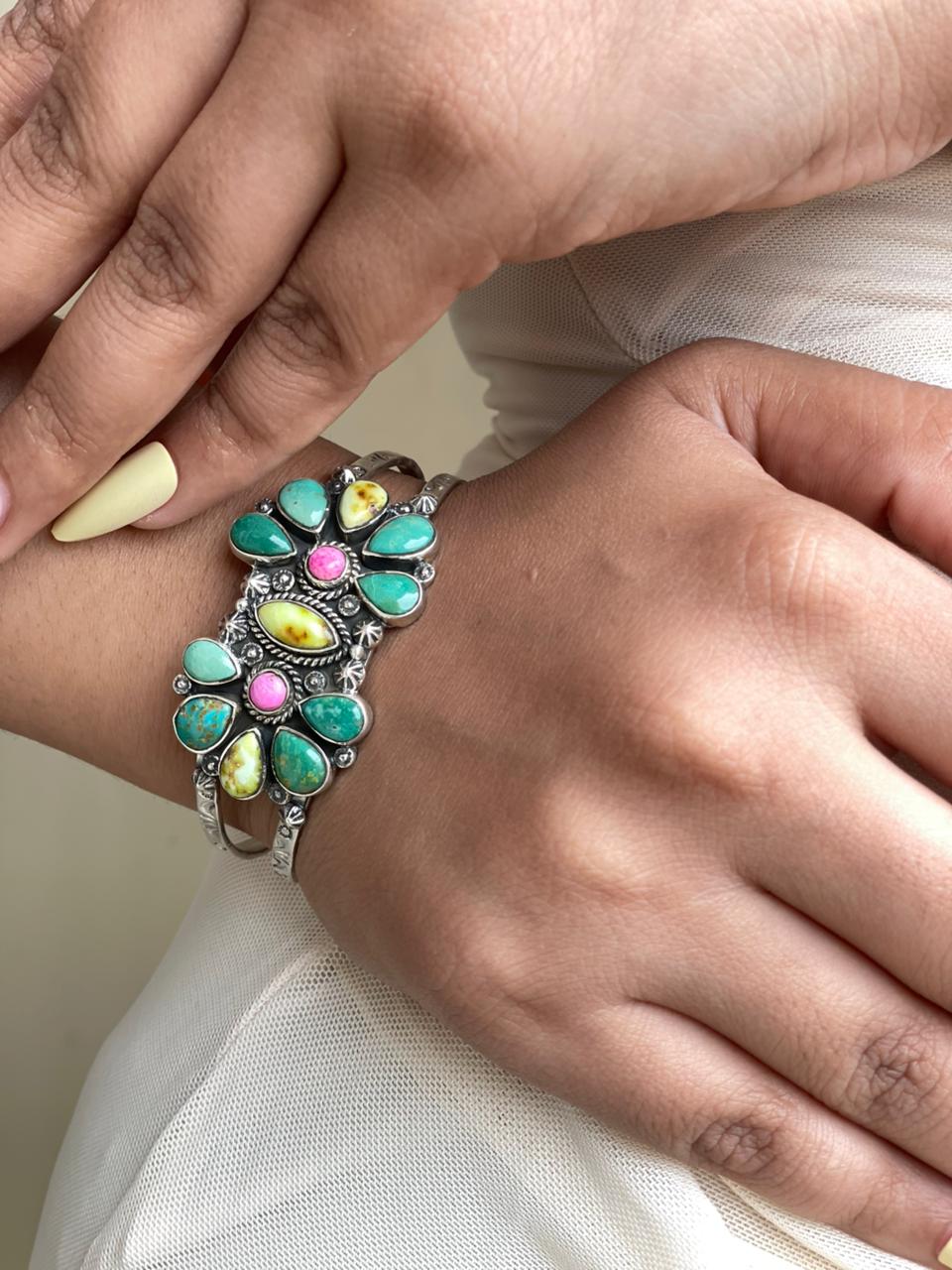 Handmade Sterling Silver Carico Lake with Cotton Candy and Palomino Turquoise Cuff Bracelet Signed Nizhoni