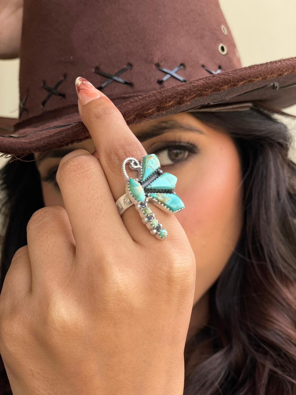 Handmade Sterling Silver Kingman Turquoise Butterfly Adjustable Ring Signed Nizhoni