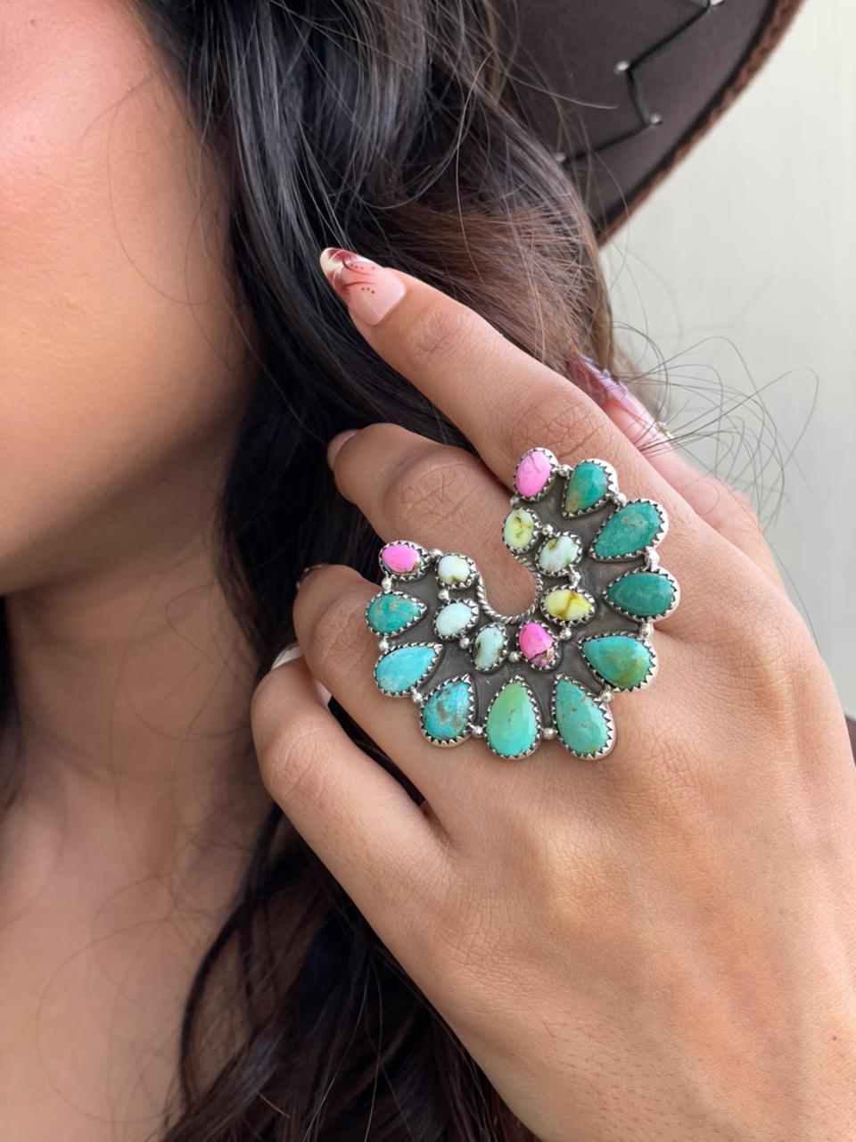 Handmade Sterling Silver Palomino with Cotton Candy and Cripple Creek Turquoise Naja Adjustable Ring Signed Nizhoni