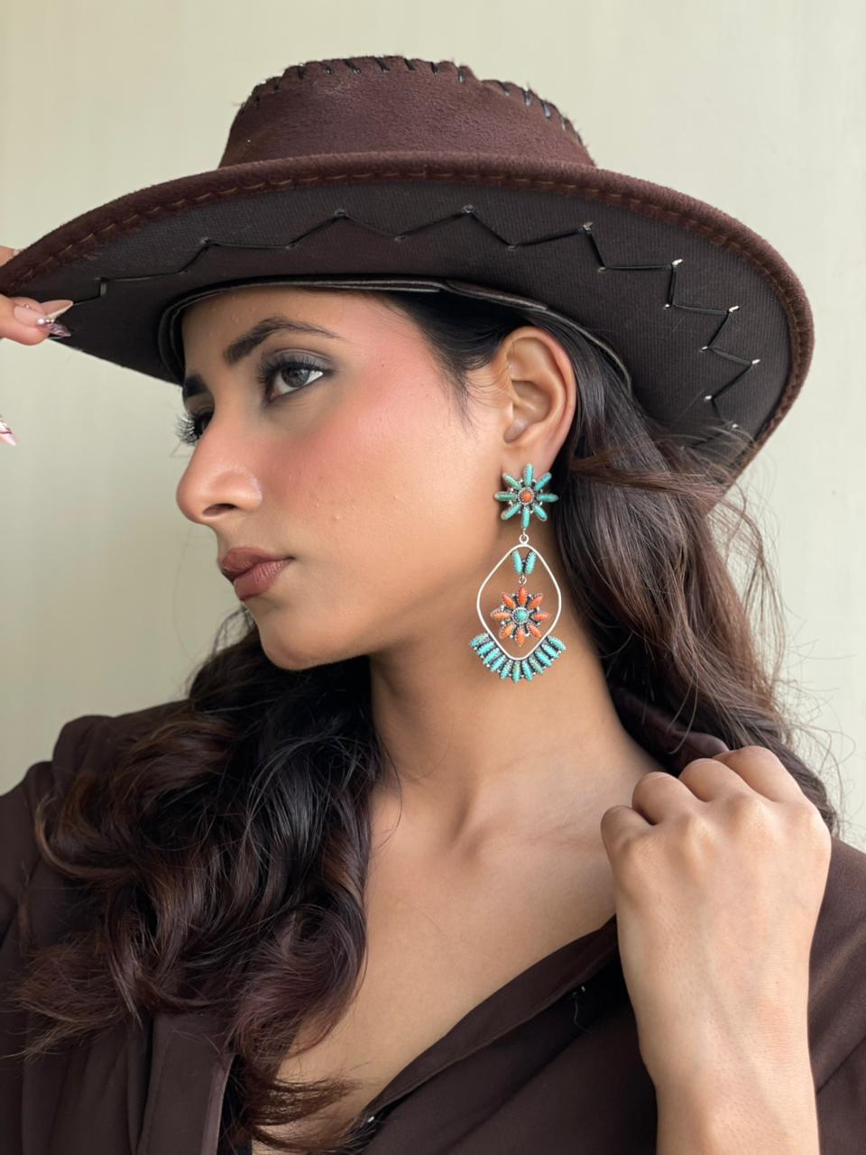 Handmade Sterling Silver Kingman Turquoise with Orange Mojave Post Dangle Earrings Signed Nizhoni