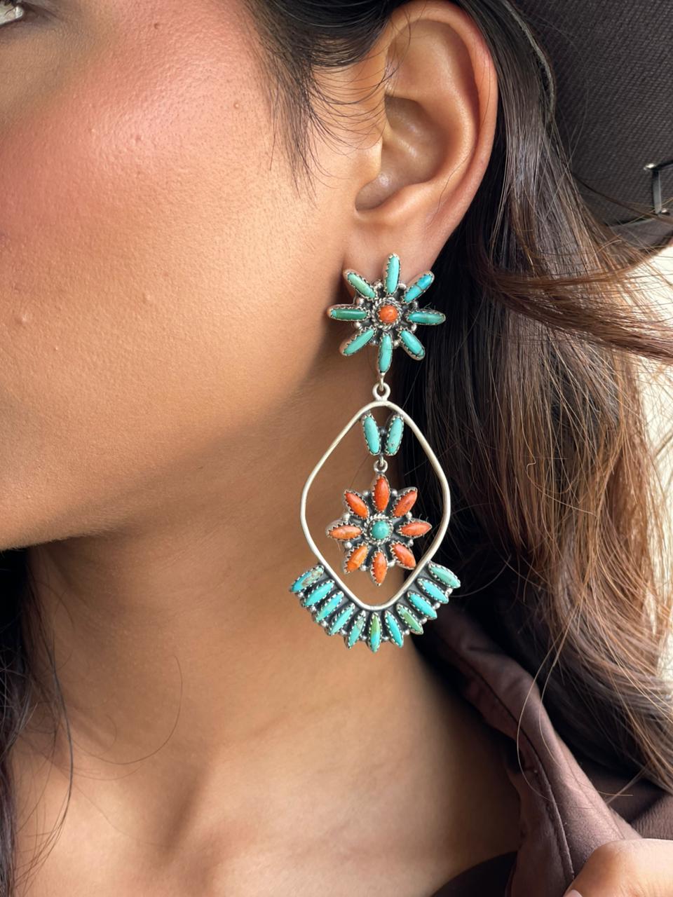 Handmade Sterling Silver Kingman Turquoise with Orange Mojave Post Dangle Earrings Signed Nizhoni