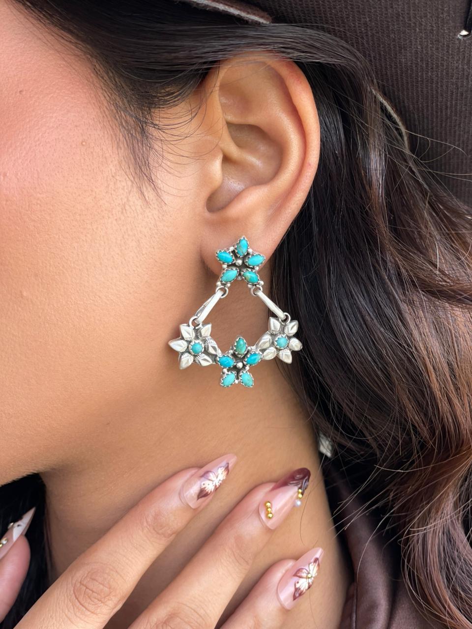Handmade Sterling Silver Kingman Turquoise Post Dangle Earrings Signed Nizhoni