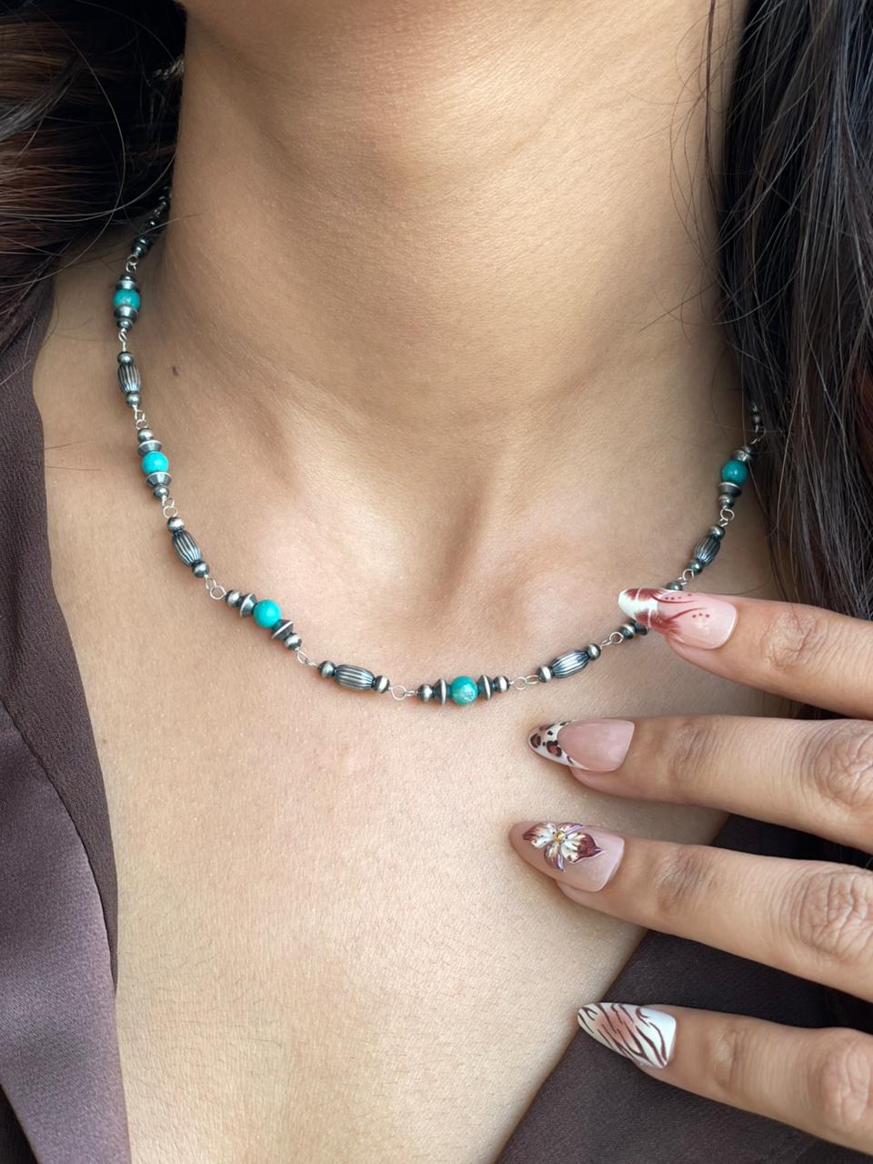 Handmade Sterling Silver Kingman Turquoise Beaded Necklace Signed Nizhoni