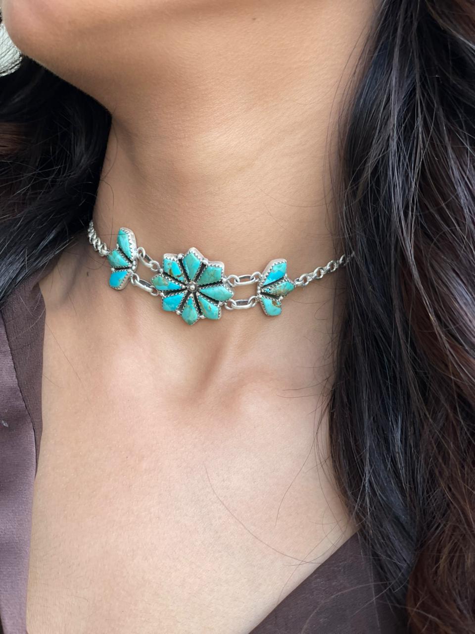 Handmade Sterling Silver Kingman Turquoise Choker Necklace Signed Nizhoni