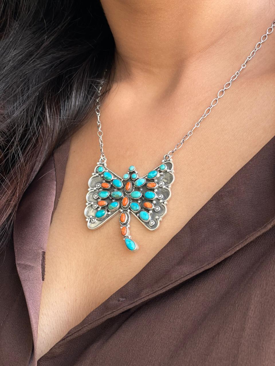 Handmade Sterling Silver Kingman Turquoise with Orange Mojave Butterfly Necklace Signed Nizhoni (8)