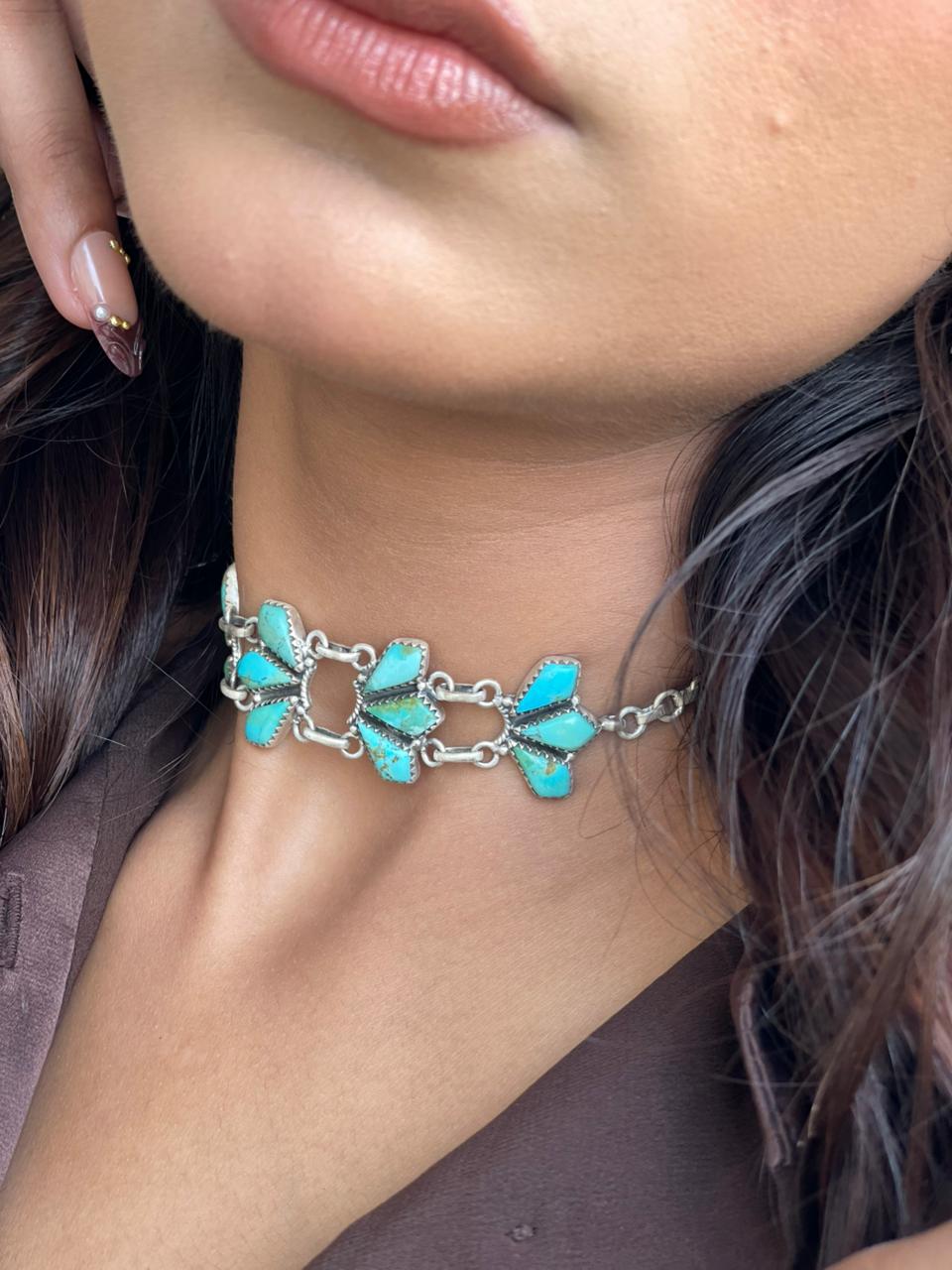 Handmade Sterling Silver Kingman Turquoise Choker Necklace Signed Nizhoni