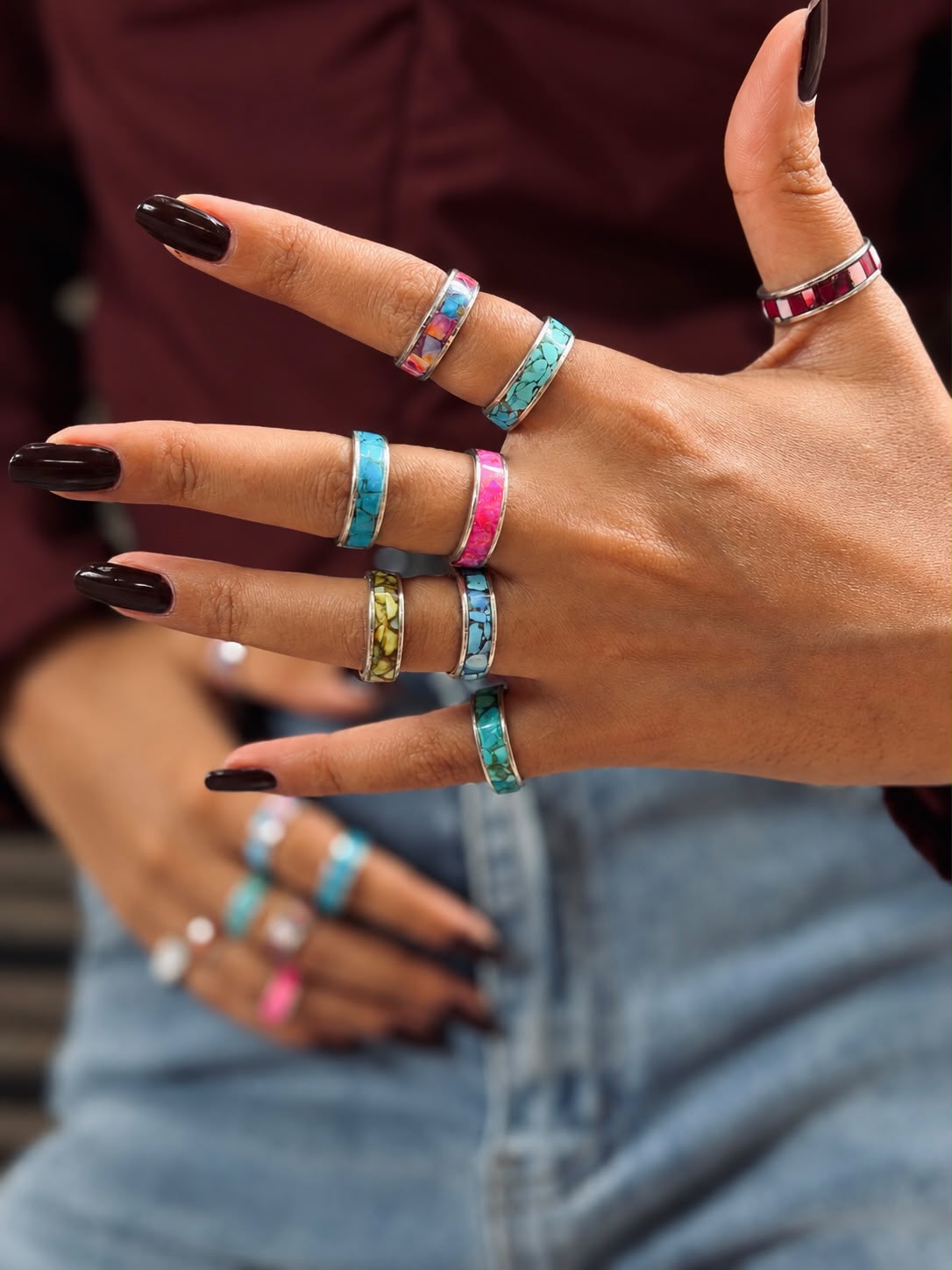 Handmade Sterling Silver Desert Mosaic Stacker Inlay Kingman, Cotton Candy, Dahlia Rose, White Buffalo, Orange Mojave, Pink Dahlia, Hot Pink, Palomino, Golden Hills, Sonoran Mountain, Number 8 and Blue Kingman Turquoise Signed Nizhoni