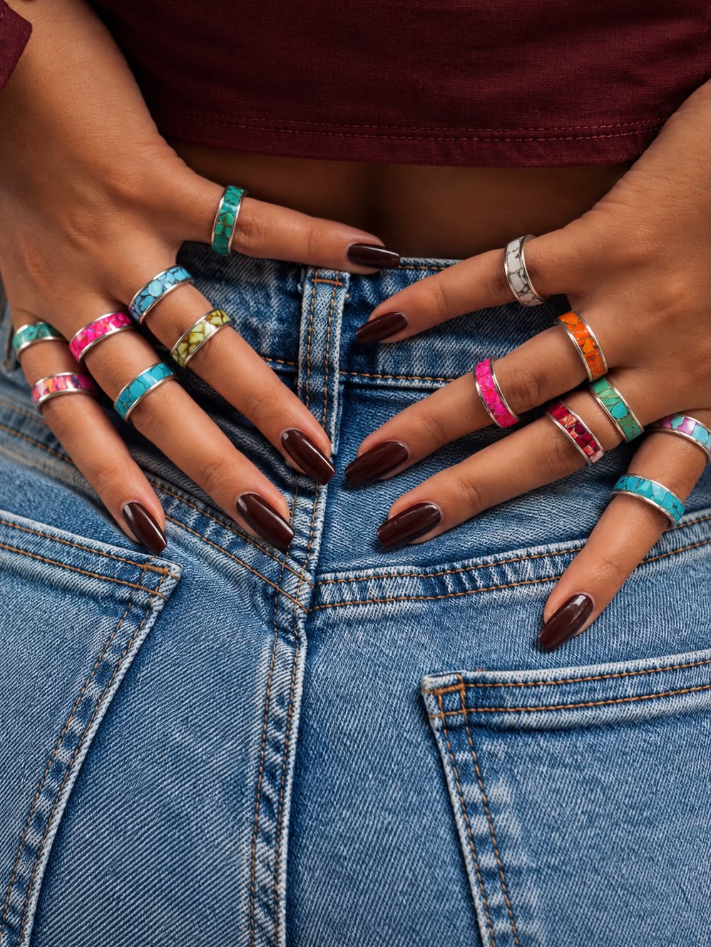 Handmade Sterling Silver Desert Mosaic Stacker Inlay Kingman, Cotton Candy, Dahlia Rose, White Buffalo, Orange Mojave, Pink Dahlia, Hot Pink, Palomino, Golden Hills, Sonoran Mountain, Number 8 and Blue Kingman Turquoise Signed Nizhoni