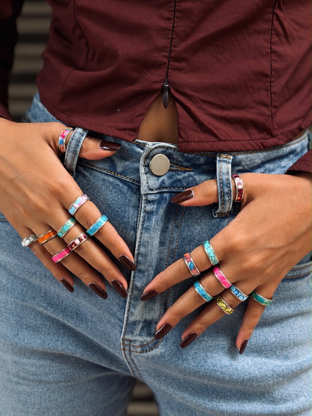 Handmade Sterling Silver Desert Mosaic Stacker Inlay Kingman, Cotton Candy, Dahlia Rose, White Buffalo, Orange Mojave, Pink Dahlia, Hot Pink, Palomino, Golden Hills, Sonoran Mountain, Number 8 and Blue Kingman Turquoise Signed Nizhoni