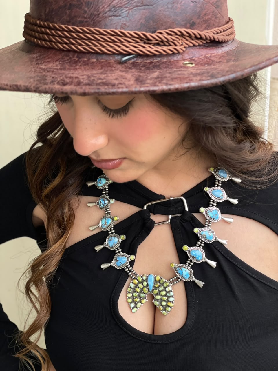 Handmade Sterling Silver Palomino with Golden Hills Turquoise Beaded Naja Necklace Signed Nizhoni