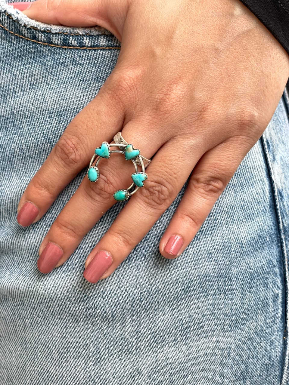 Handmade Sterling Silver Kingman Turquoise Naja Adjustable Ring Signed Nizhoni