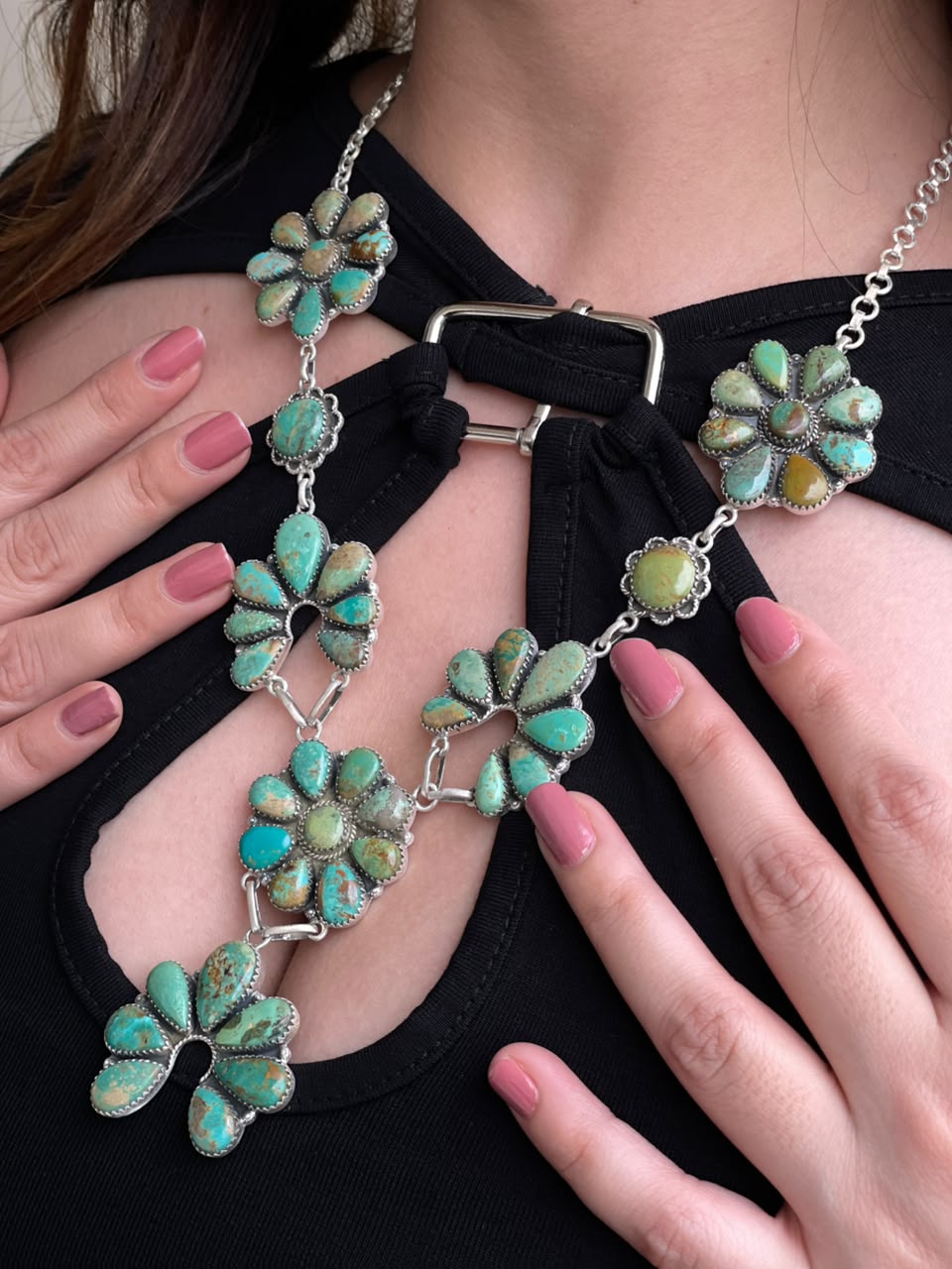 Handmade Sterling Silver Carico Lake Turquoise Naja Necklace Signed Nizhoni