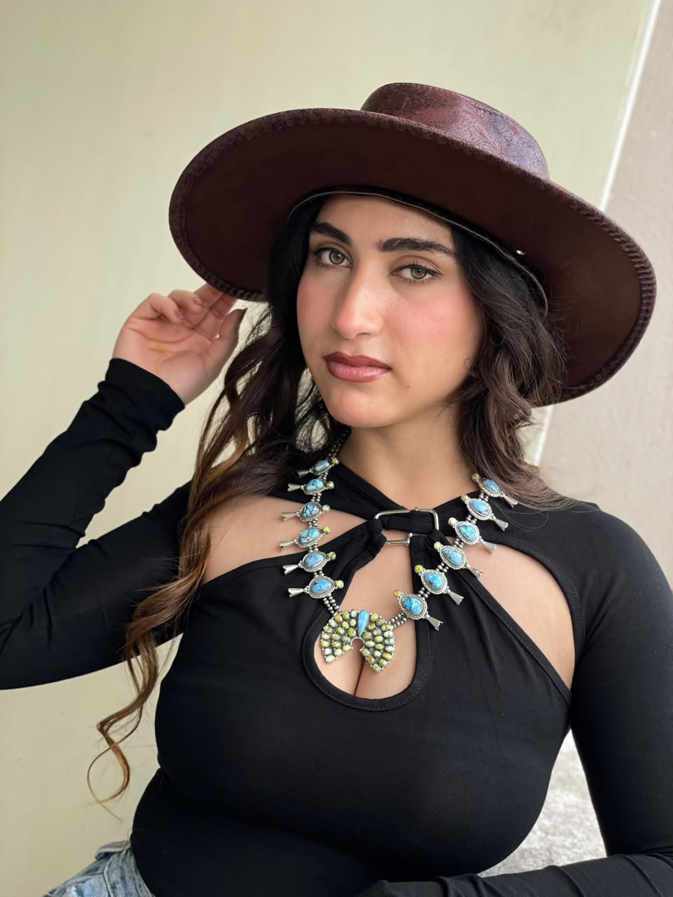 Handmade Sterling Silver Palomino with Golden Hills Turquoise Beaded Naja Necklace Signed Nizhoni
