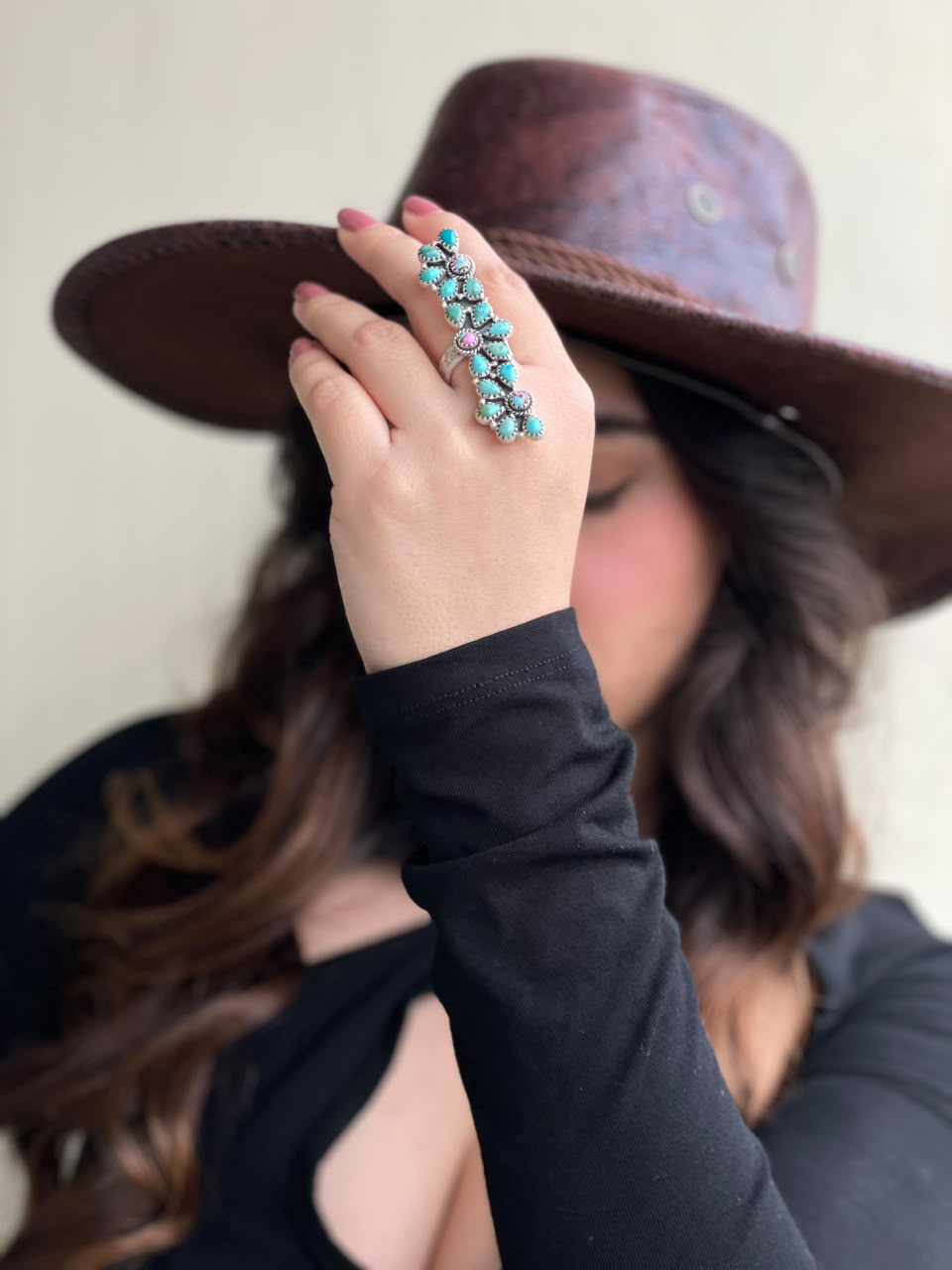 Handmade Sterling Silver Kingman Turquoise with Cotton Candy Adjustable Ring Signed Nizhoni
