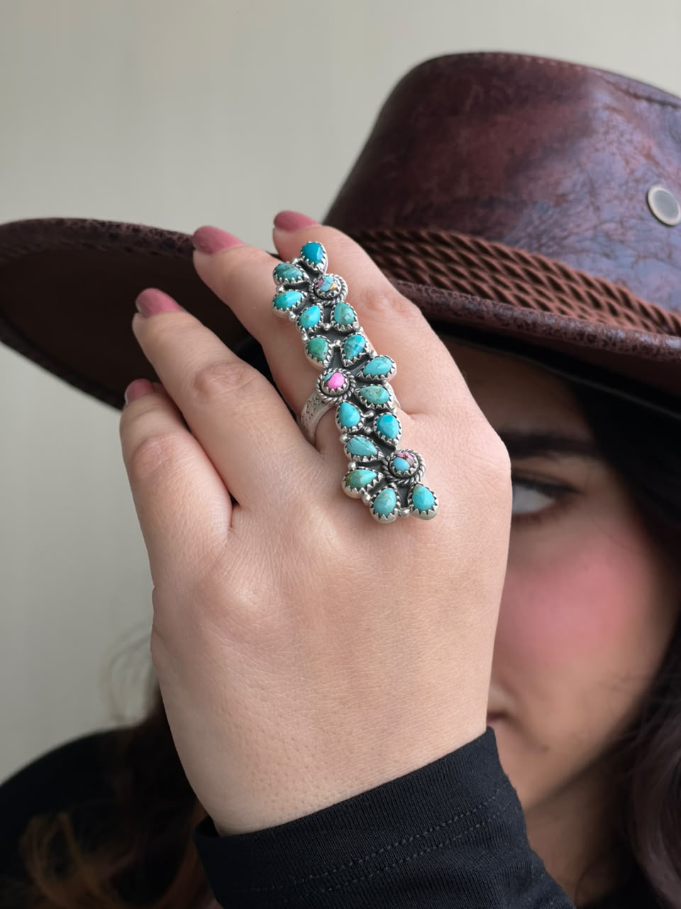 Handmade Sterling Silver Kingman Turquoise with Cotton Candy Adjustable Ring Signed Nizhoni