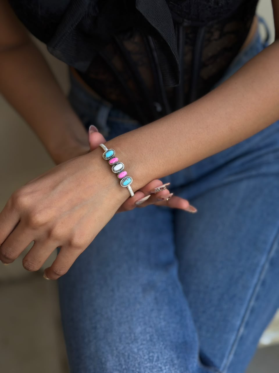 Handmade Sterling Silver Cotton Candy Cuff Bracelet Signed Nizhoni