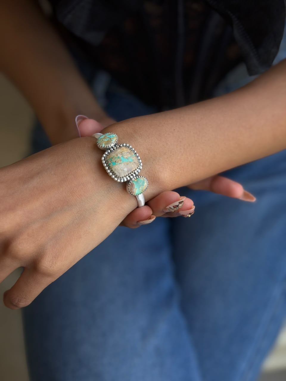 Handmade Sterling Silver Royston Ribbon Turquoise Cuff Bracelet Signed Nizhoni