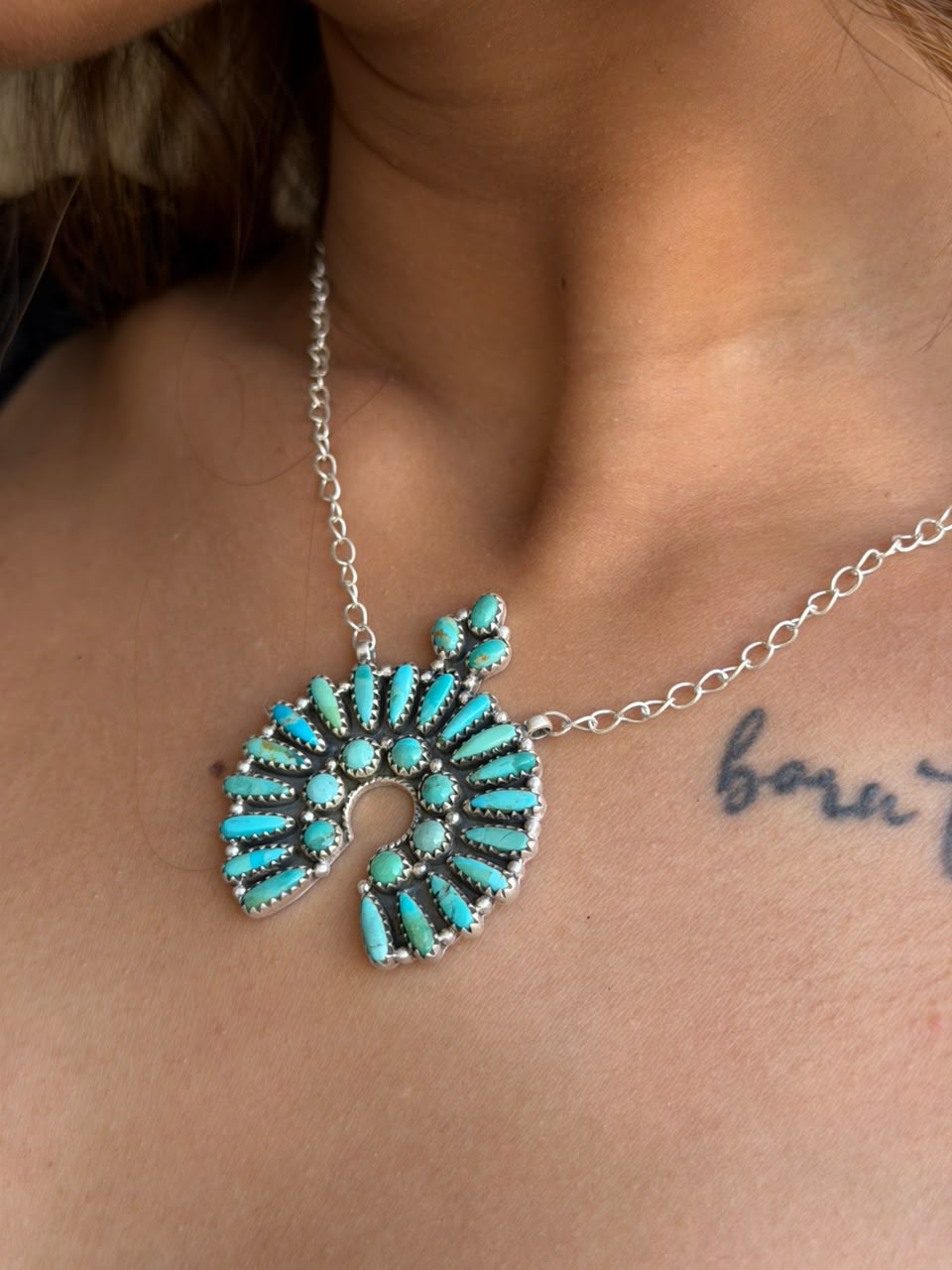 Handmade Sterling Silver Kingman Turquoise Naja Necklace Signed Nizhoni