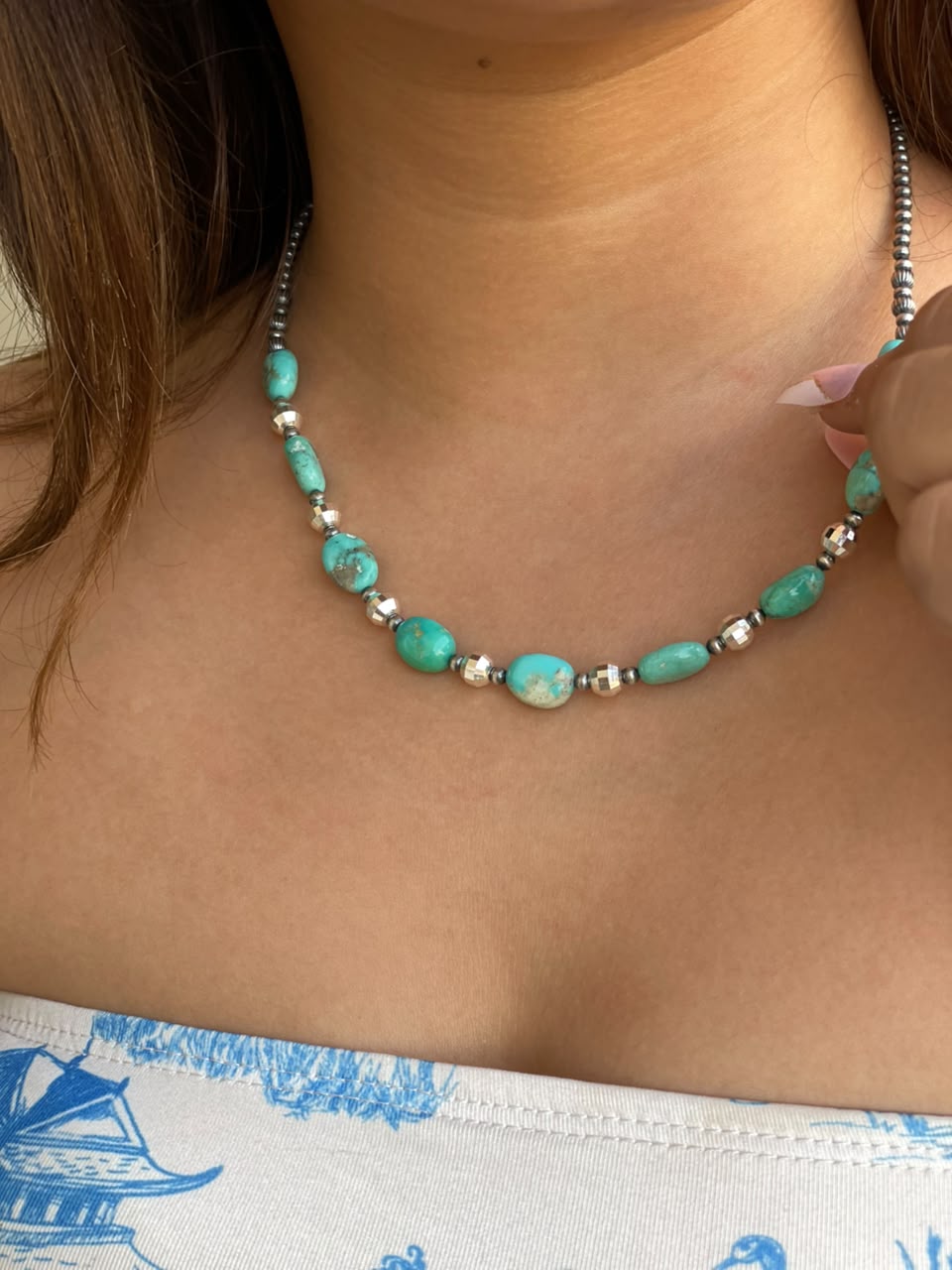 Handmade Sterling Silver Kingman Turquoise Beaded Necklace Signed Nizhoni