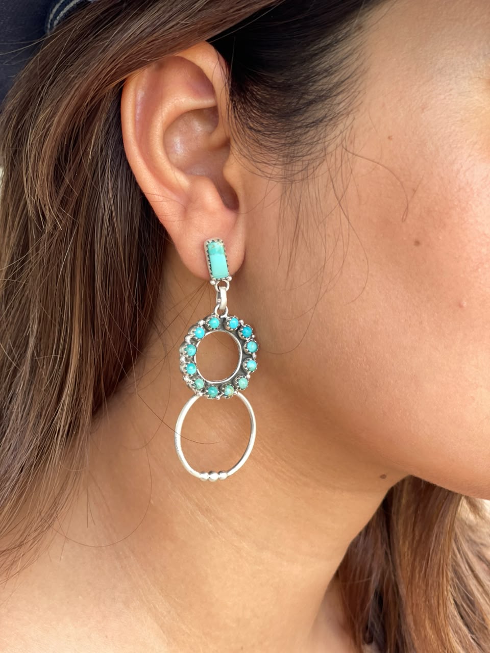 Handmade Sterling Silver Kingman Turquoise Post Dangle Earrings Signed Nizhoni
