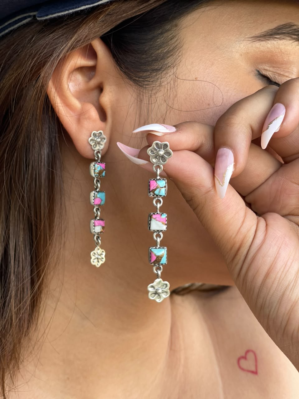 Handmade Sterling Silver Cotton Candy Post Dangle Earrings Signed Nizhoni