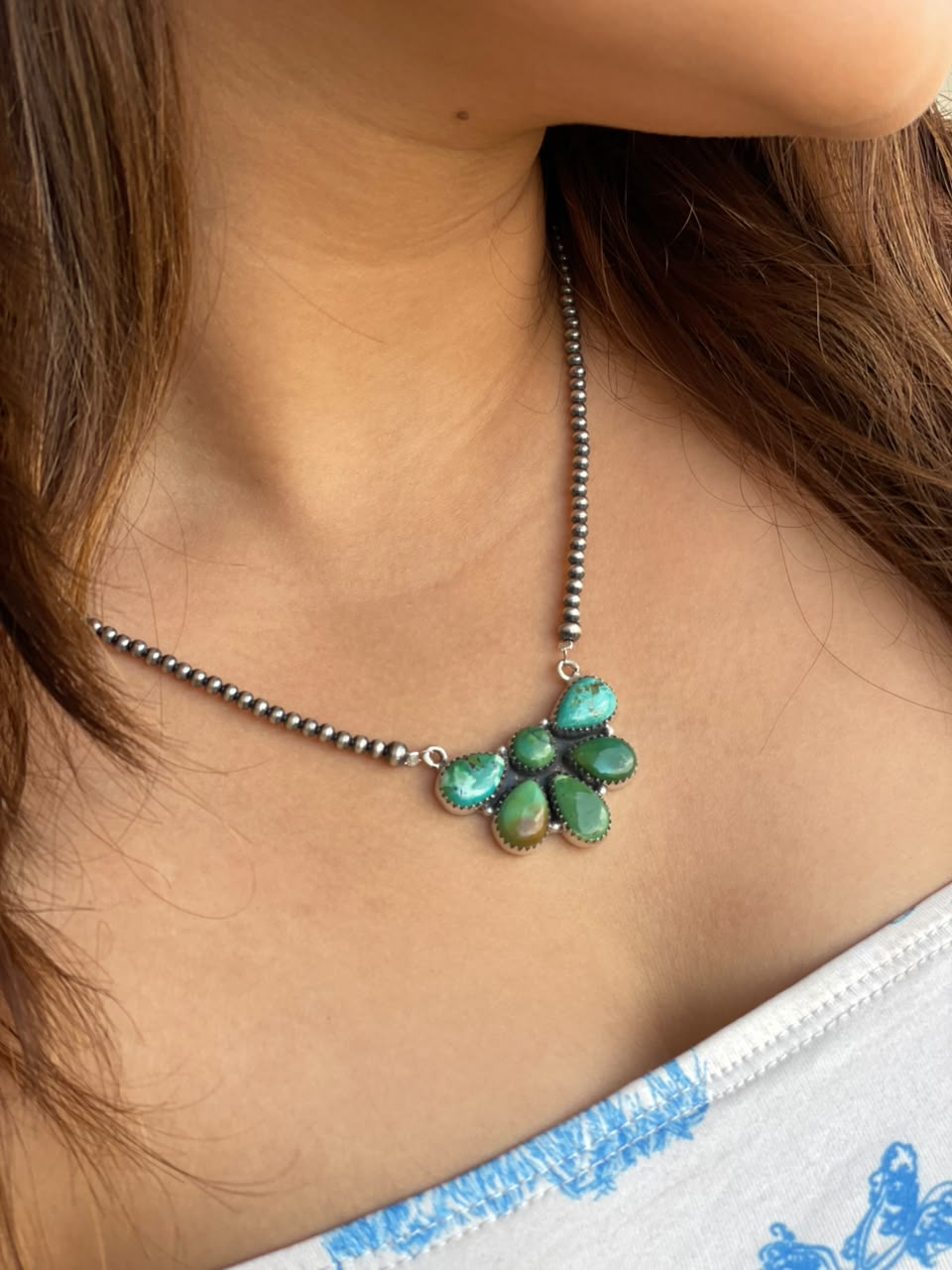 Handmade Sterling Silver Carico Lake Turquoise Beaded Necklace Signed Nizhoni