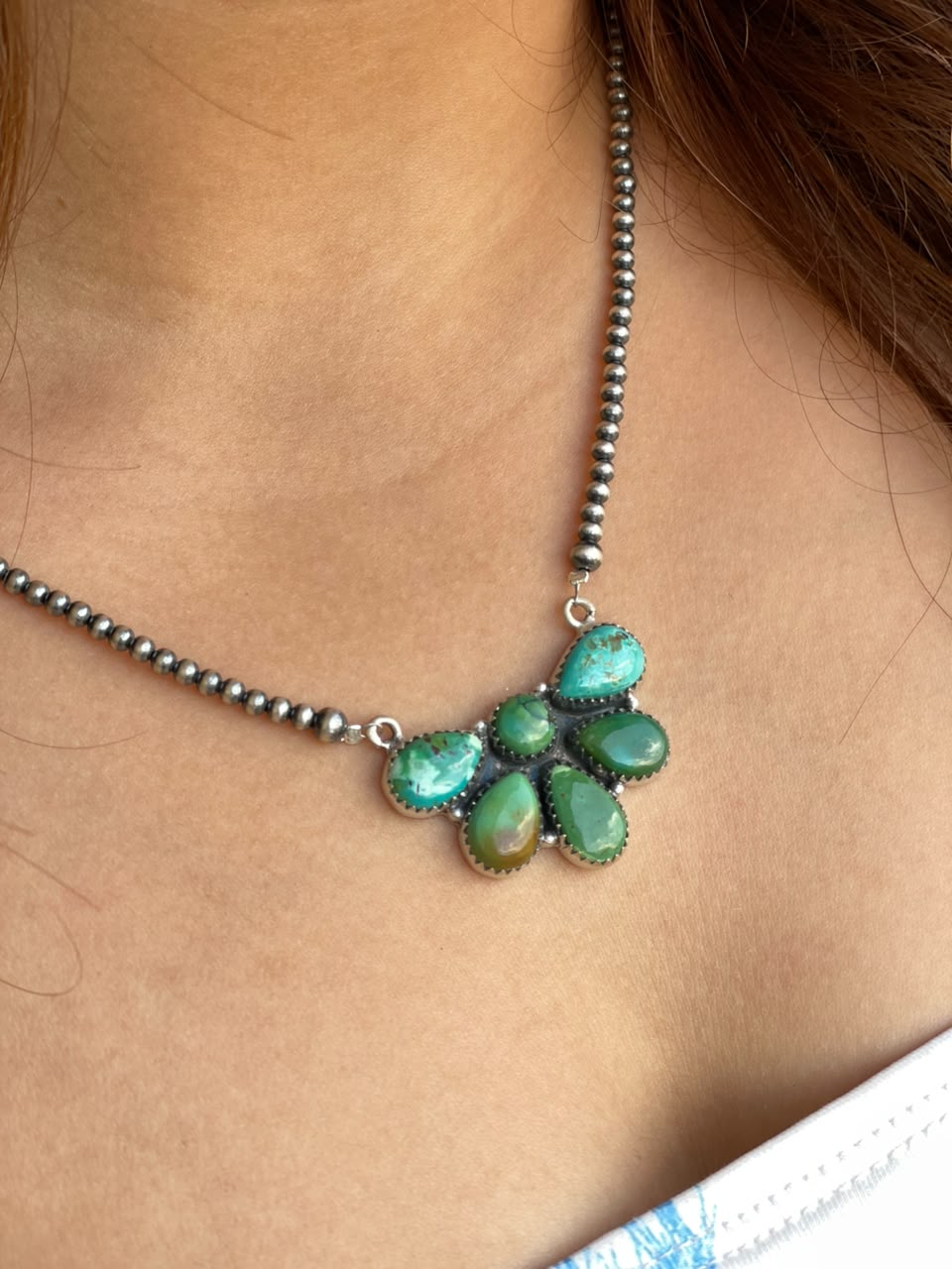 Handmade Sterling Silver Carico Lake Turquoise Beaded Necklace Signed Nizhoni