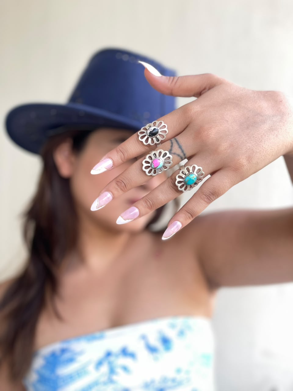 Handmade Sterling Silver White Buffalo, Cotton Candy and Kingman Turquoise Adjustable Ring Signed Nizhoni