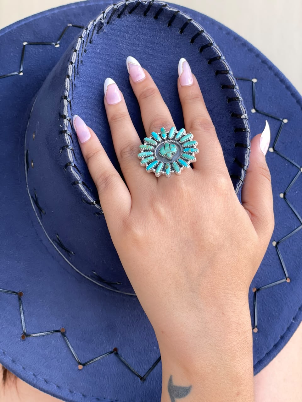 Handmade Sterling Silver Kingman Turquoise Cactus Adjustable Ring Signed Nizhoni