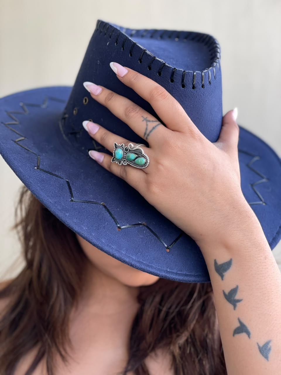 Handmade Sterling Silver Kingman Turquoise Cat Adjustable Ring Signed Nizhoni